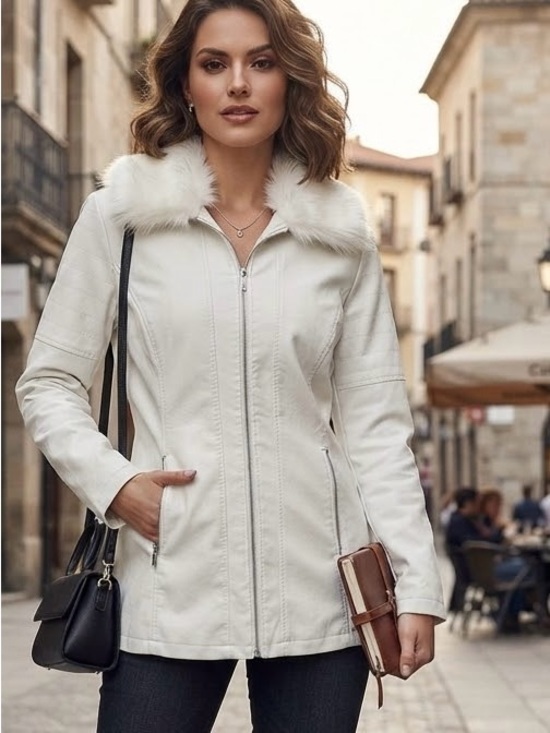 Baccini Jackets & Blazers - Baccini White Faux
Leather coat w/faux fur
removable collar moto style
EUC Lg